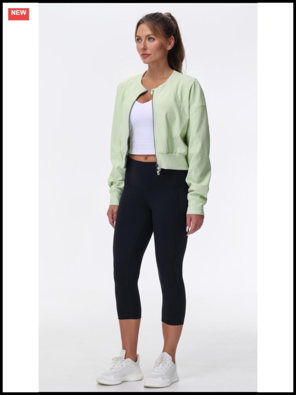 Full Zip Cropped Gym Jacket Ribbed Workout Top - Picture 6 of 6